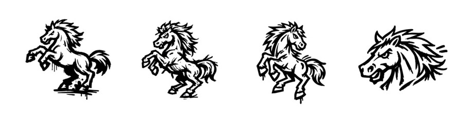 Obraz premium Set of black and white hand-drawn horse mascot illustrations, featuring powerful rearing stallions and a horse head in a graffiti stencil style.