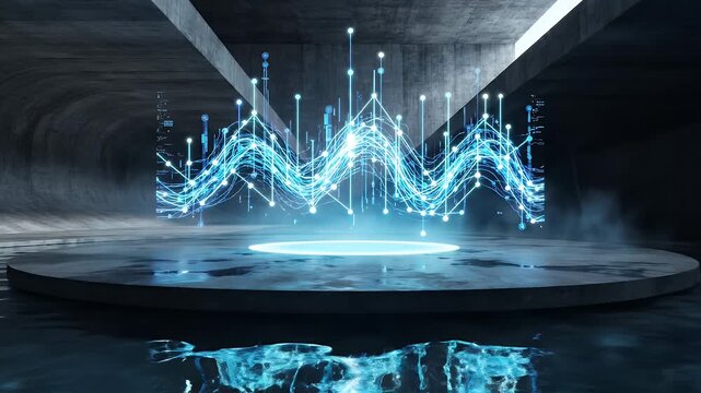Futuristic Data Visualization on Platform - Abstract glowing blue data streams and lines hover above a circular platform in a futuristic setting.
