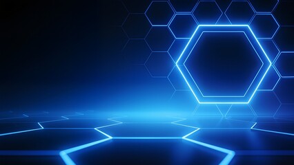 Obraz premium Blue neon hexagon pattern on dark background