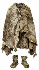 Neanderthal animal hide clothing isolated on white.