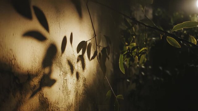 Sunlight creating a warm glow and intricate leaf shadows on a rugged, textured rustic wall, with a small vine branch gently hanging, presenting a serene natural backdrop
