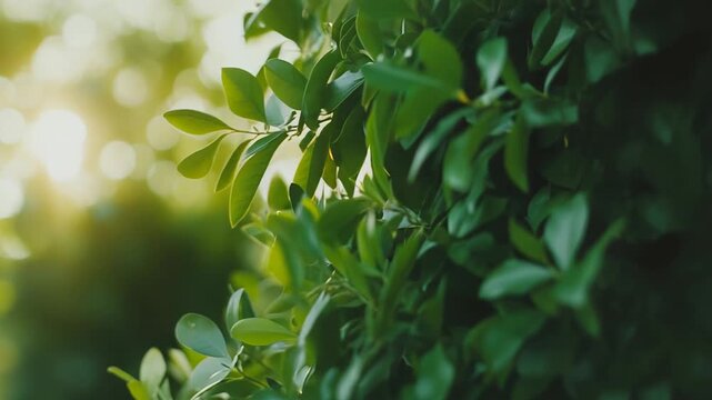 Lush green foliage catching warm sun rays and creating abstract bokeh highlights, symbolizing growth, natural beauty, and environmental concepts in a vibrant outdoor setting