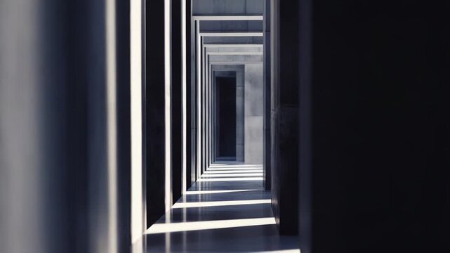 Concrete architectural corridor creating a deep perspective and strong light and shadow patterns across repetitive minimalist structures, evoking concepts of journey, progress, and future