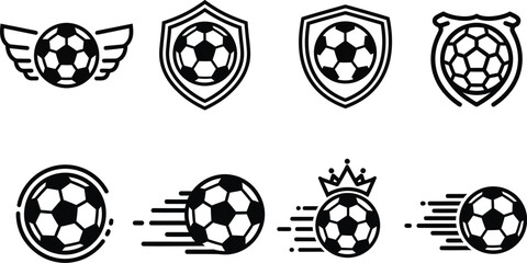 Collection of soccer ball logos and icons with shields wings and motion effects