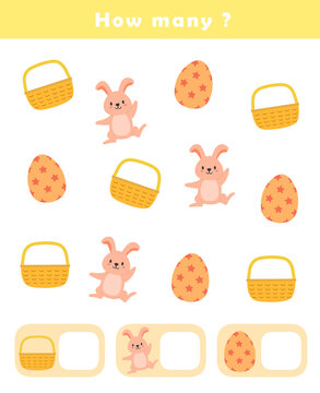 How many counting game with cute easter illustration. Learning numbers worksheets for preschool and kindergarten. Counting educational children game. Math kids activity sheet. 