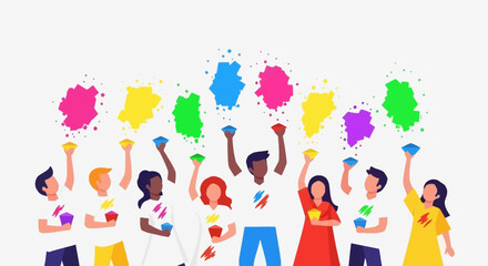 Obraz premium A diverse group of people joyfully celebrating a festival by throwing colorful powders into the air, creating a vibrant and festive atmosphere