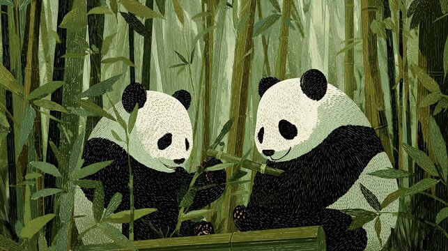 Enchanting panda companionship amidst the bamboo forest depicted in detailed illustration style