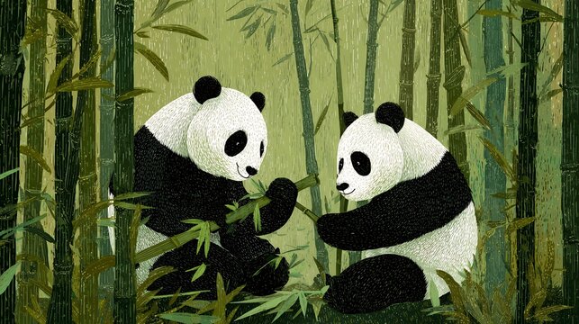Charming pandas enjoy a serene moment amidst a lush bamboo forest digital painting