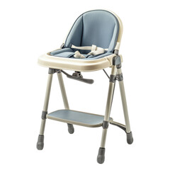 A blue and white high chair with a blue cushion and a grey frame.