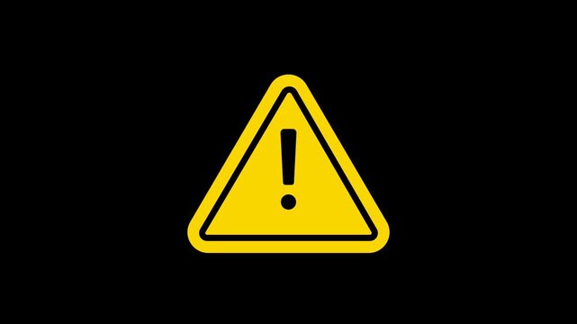 Animated yellow warning triangle sign with exclamation mark on black background, ideal for caution alerts, safety notices, and attention-grabbing video overlays.
