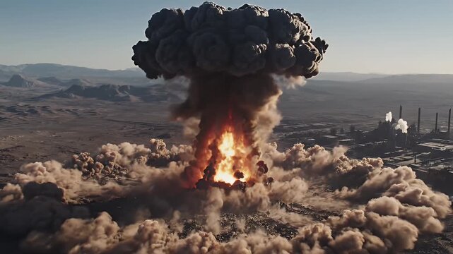 Massive Explosion in Industrial Landscape - A dramatic scene captures a massive explosion in an industrial setting, with a large mushroom cloud rising above the blast site.