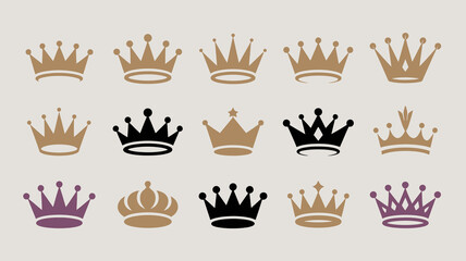 An arrangement of twelve ornate crowns in varying colors and styles is displayed against a neutral light beige background high quality professional detailed modern elegant stylish © Raian