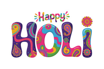 Happy Holi playful typography with doodle flowers and splashes, Indian spring color festival vector illustration for greeting card and flyer