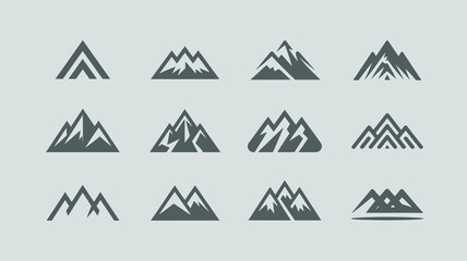 A collection of nine stylized mountain icons are displayed in varying shades of green and gray arranged in a grid pattern high quality professional detailed modern
