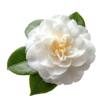 Close-up of a pristine white camellia flower, with delicate, overlapping petals, and a yellow center.  Two vibrant green leaves frame the flower.  Perfect for a floral design or background