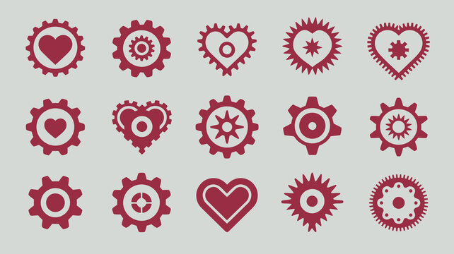 A collection of maroon colored gear icons interspersed with heart shapes creating a decorative mechanical and romantic visual pattern high quality professional detailed modern elegant stylish