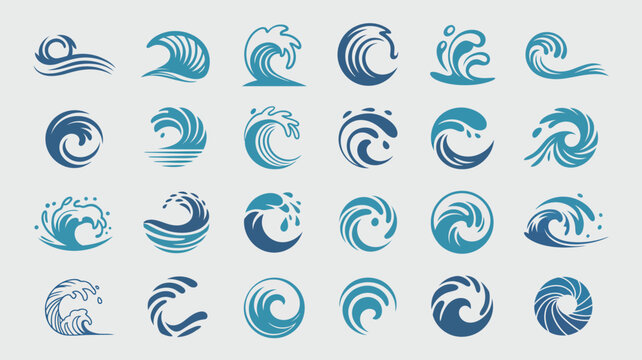 A collection of stylized blue wave icons and designs are displayed in varying shapes and sizes arranged in a grid pattern high quality professional detailed modern