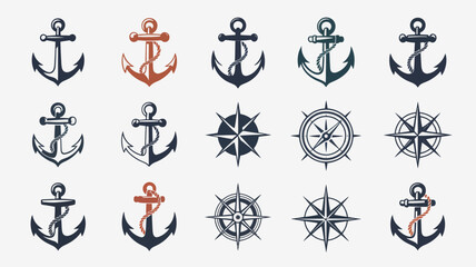 An assortment of nautical elements are displayed featuring various anchor designs alongside detailed compass roses and steering wheels high quality professional modern elegant stylish clean crisp © Raian