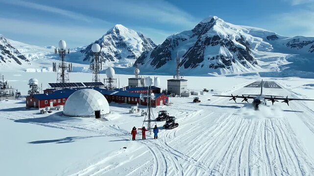 Antarctic Research Base with Aircraft and Snowy Mountains - An Antarctic research base is depicted with a snowy mountainous backdrop.