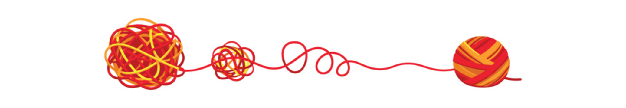 colored flat icon vector illustration isolated on white background tangled yarn ball next to slowly untangled straight thread step by step recovery journey