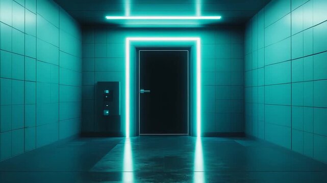 Sci fi aesthetic corridor features a dark door outlined with bright teal neon lights, creating a path towards an unknown destination with reflections on a wet floor