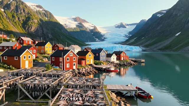 Scenic Norwegian Village with Glacier - This video captures a picturesque Norwegian village nestled near a stunning glacier.