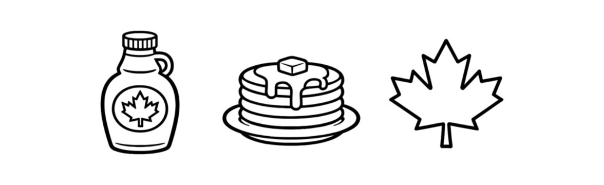 black and white outline canadian maple syrup bottle pancake stack maple leaf