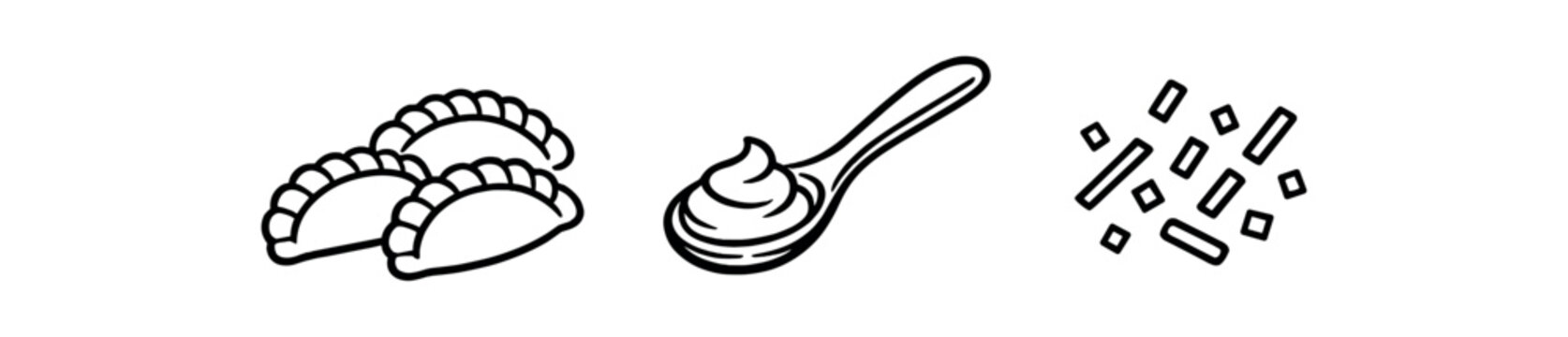 black and white outline polish pierogi dumplings sour cream spoon chive sprinkles