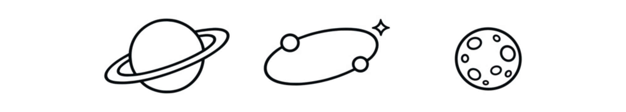 black and white outline planet with rings orbit path tiny moon