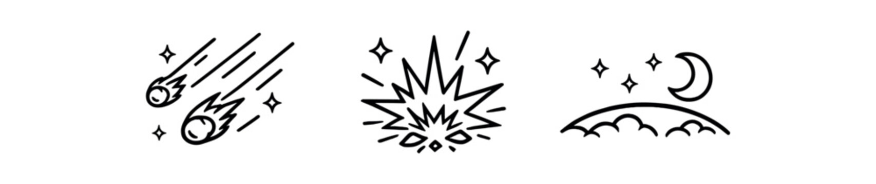 black and white outline meteor shower streaks impact sparkle night curve