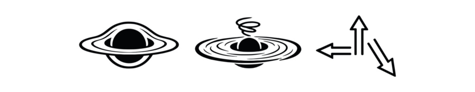 black and white outline black hole ring lensing accretion disk arrows