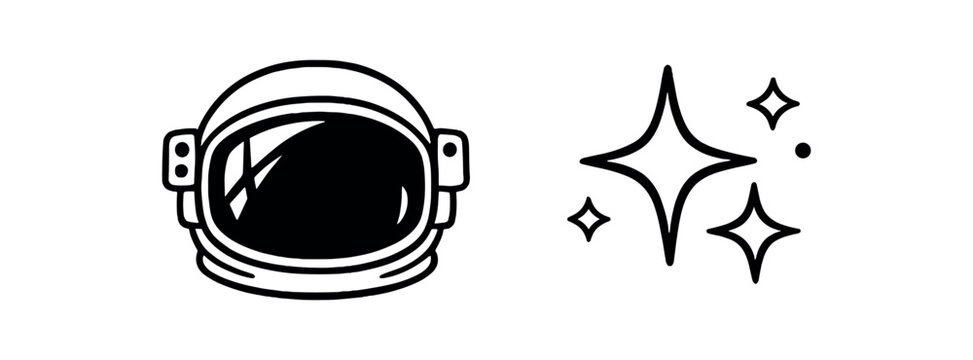 black and white outline astronaut helmet visor reflection stars life support lines