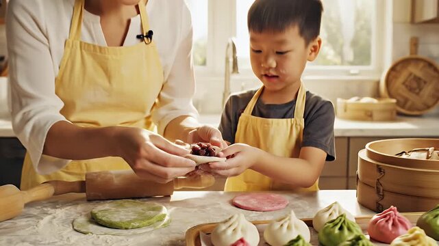 Mother and Son Making Dumplings Together - A mother and her young son, both wearing aprons, are preparing colorful dumplings in a bright kitchen.