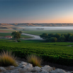 Obraz premium Vineyard dawn landscape mist field sunrise rural agriculture hills tranquil. Vineyard dawn with misty fields rolling hills and tranquil rural
