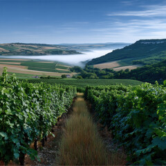 Obraz premium Vineyard dawn landscape green valley mist hill agriculture rural scenic view with lush grapevines and morning fog in countryside