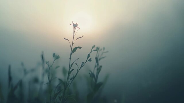 Wild plants growing closely together, reaching upwards towards the diffuse light of a hazy sun, creating a serene and ethereal nature scene with soft atmospheric particles floating in the air