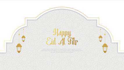 Happy Eid Al Fitr Greeting Card Template Golden and White