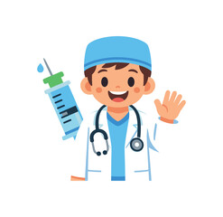 Fototapeta premium colored flat icon vector illustration isolated on white background isolated on white background friendly doctor waving with syringe icon behind back child friendly clinic vibe flat on white