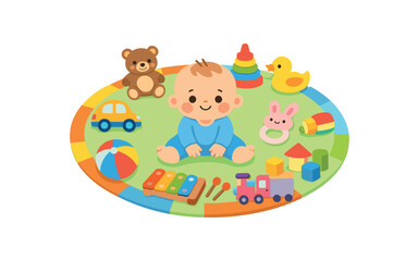 Obraz premium colored flat icon vector illustration isolated on white background circle time rug with baby sitting middle and toys arranged around invitation to play flat on white background cute kids
