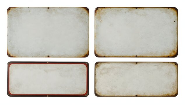 Set of four blank metal signs with weathered and grungy appearance isolated