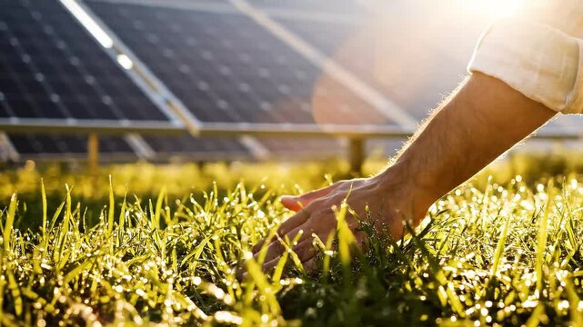 Hand gently touching dew-covered grass in a field with solar panels in the background, capturing the essence of nature and renewable energy