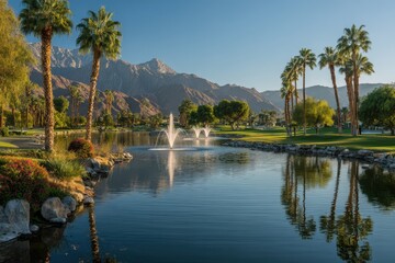 Obraz premium Reflective pool and fountain on a manicured desert golf course