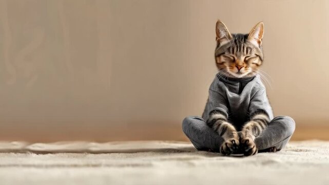 A peaceful cat in a grey jumper meditates on a light-coloured floor, creating an atmosphere of comfort and tranquillity that is ideal for the main background of motivational posts or illustrations abo