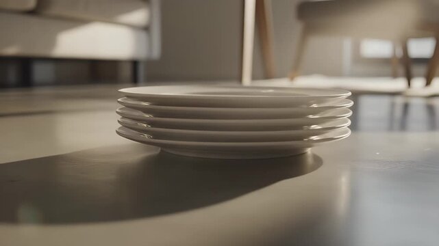 A stack of white plates on a table in a modern dining setting with soft lighting