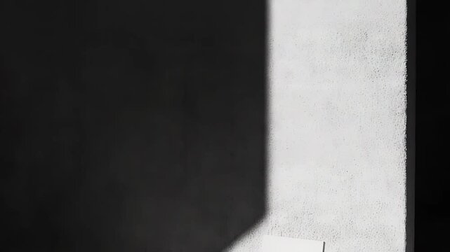 Minimalist interior design featuring a modern white armless chair positioned against a textured concrete wall, highlighting contrasting light and dark shadows for a quiet, abstract atmosphere