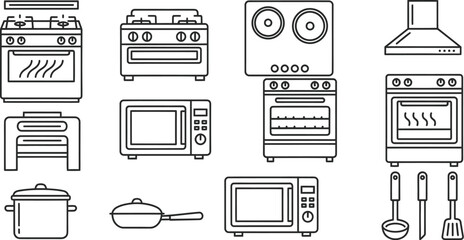 Kitchen appliances and cooking utensils line drawings