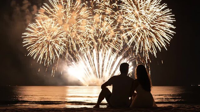 Couple watching fireworks at beach