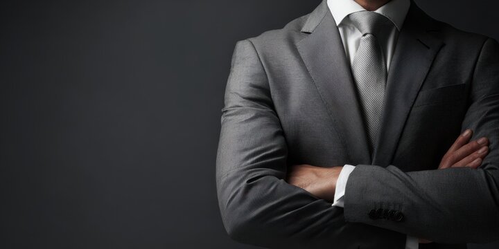 The Businessman in a Grey Suit with Folded Arms Conveying Confidence and Authority