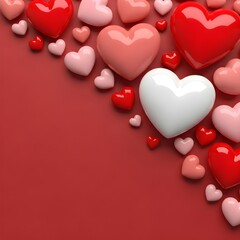 A vibrant display of red, pink, and white glossy hearts forming a diagonal border on a solid red surface