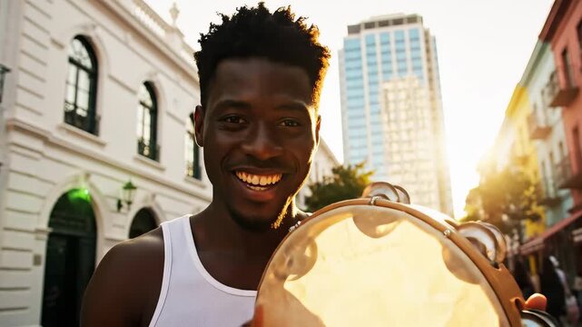 Man playing tambourine on city street